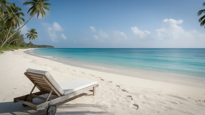 Plage paradisiaque avec sable blanc eau turquoise et palmiers sous un ciel bleu
