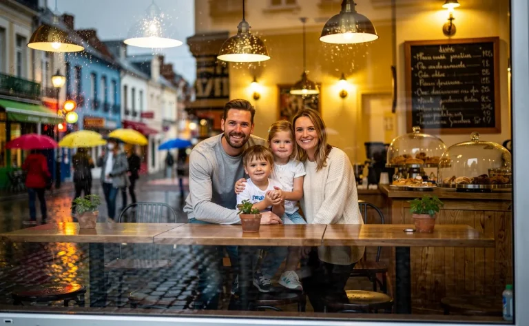 Une famille souriante observe la pluie derrière la grande fenêtre d’un café chaleureux au Crotoy, avec des reflets sur la rue et des parapluies colorés.