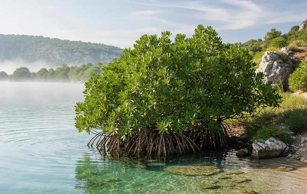 Un petit mangrove verdoyant borde le lac Sainte-Croix aux eaux turquoise sous une lumière matinale et entouré de végétation paisible.