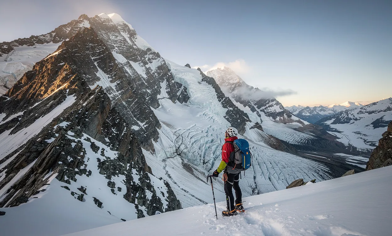 Un alpiniste solitaire se tient au pied du Mont Rose et regarde les sommets enneigés sous un ciel bleu clair.