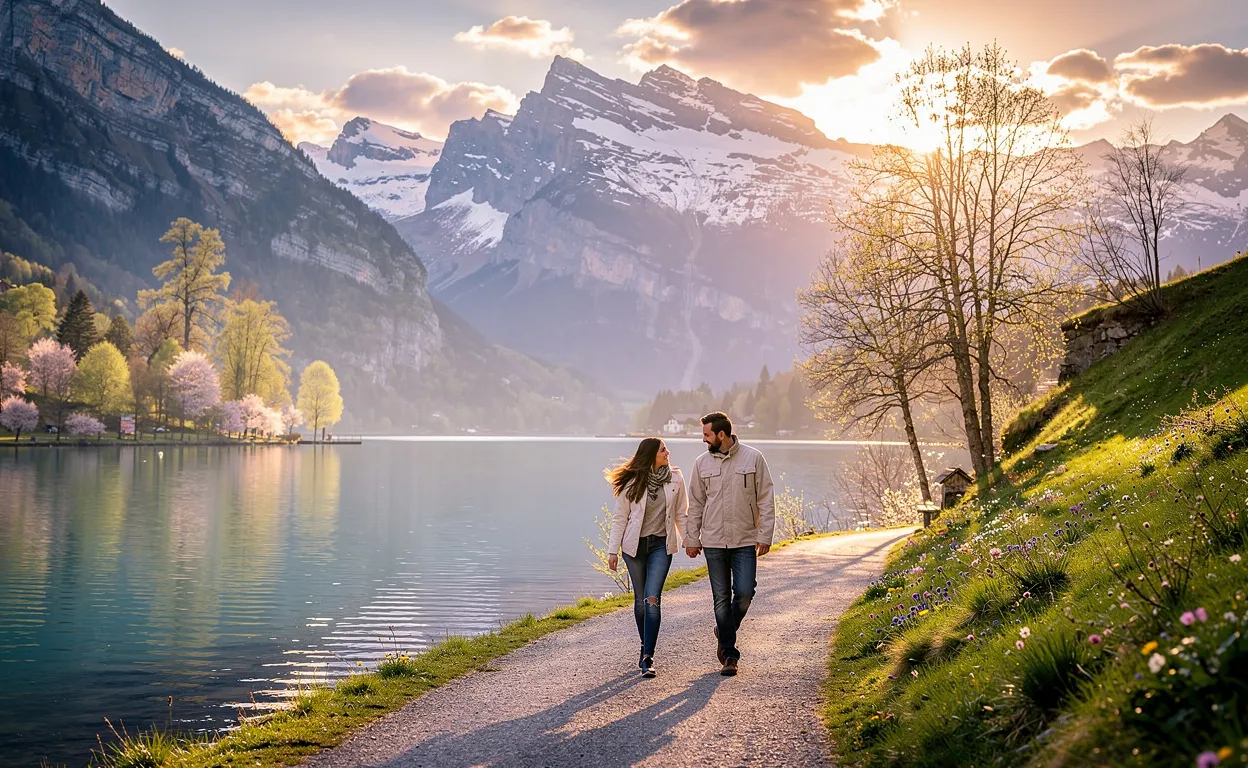 Un couple romantique marche main dans la main le long d’un sentier au bord d’un lac, avec les Alpes françaises en arrière-plan et des couleurs printanières reflétées dans l’eau paisible.