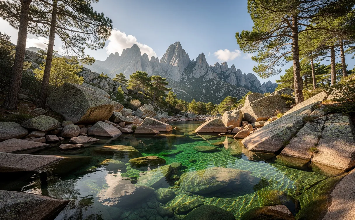 Des bassins d’eau émeraude entourés de rochers de granit au pied des montagnes de Bavella, éclairés par des rayons de soleil à travers les pins.