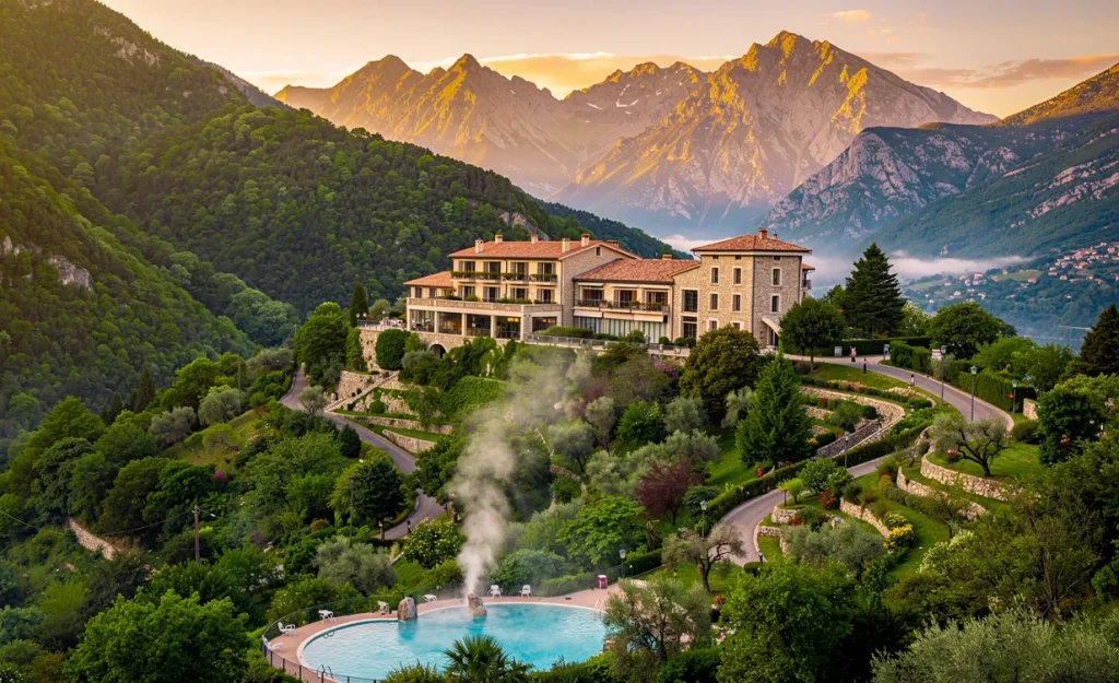 Le village de Berthemont-les-Bains apparaît dans les Alpes-Maritimes, avec son établissement thermal, ses vallées verdoyantes, des bassins de vapeur et les montagnes environnantes sous un coucher de soleil doré.