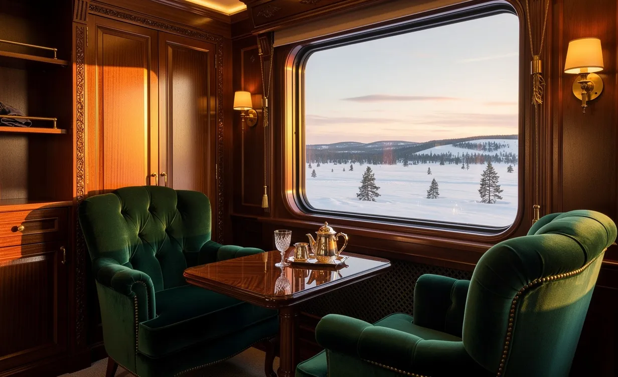 Cabine de première classe d’un train transsibérien avec sièges moelleux, boiseries élégantes et grandes fenêtres ouvertes sur un paysage enneigé de Sibérie au crépuscule.