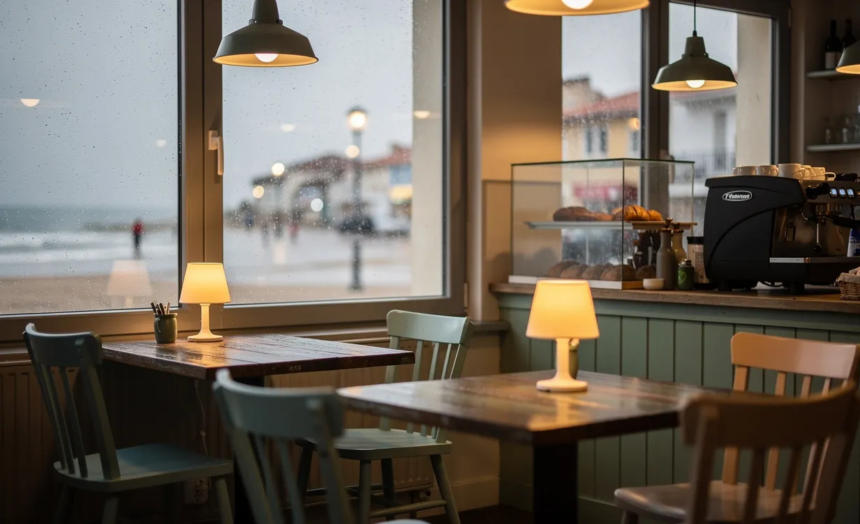 Un petit café chaleureux à Ronce-les-Bains, avec la pluie sur les vitres et une lumière douce qui illumine les tables en bois.