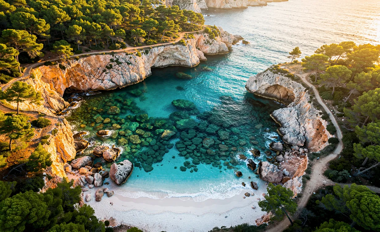 Vue aérienne des eaux turquoise et des criques rocheuses de Calas de Mallorca entourées de pins et de falaises ensoleillées.
