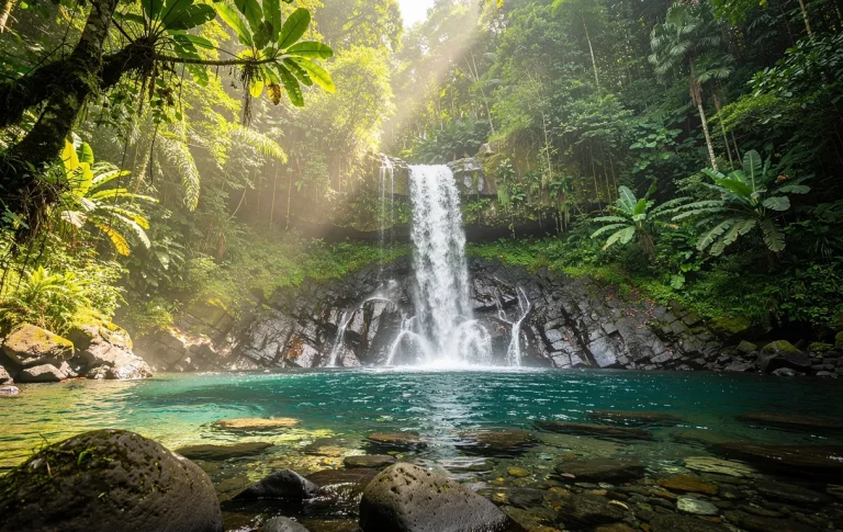 La cascade du Saut du Gendarme en Martinique s’écoule sur des roches volcaniques sombres dans un bassin naturel clair, entourée de forêt tropicale verdoyante sous une lumière tamisée.