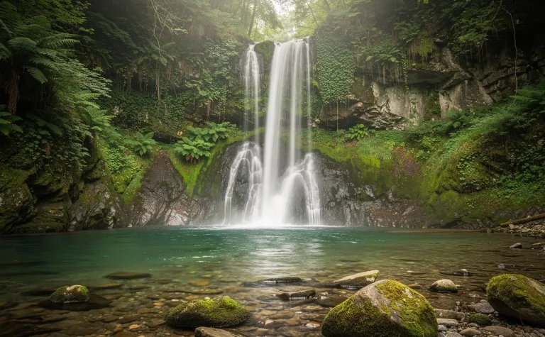 La cascade du Pain de Sucre à Surjoux se déverse sur des falaises verdoyantes dans un bassin entouré de rochers couverts de mousse et d’une légère brume.
