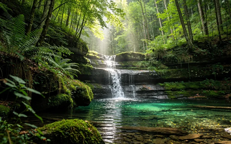 Une cascade paisible de l’Audeux s’écoule sur des rochers couverts de mousse dans une forêt verdoyante du Doubs sous une lumière douce du matin.