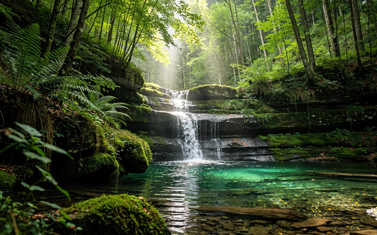 Une cascade paisible de l’Audeux s’écoule sur des rochers couverts de mousse dans une forêt verdoyante du Doubs sous une lumière douce du matin.