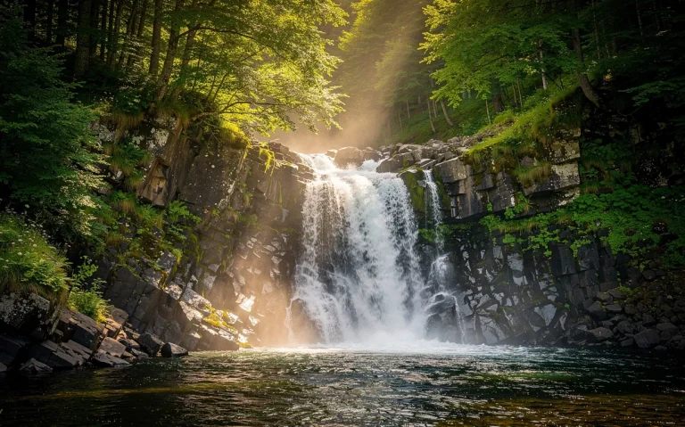 Chute d’eau d’Entraigues dévalant des roches volcaniques sombres, entourée d’une forêt verdoyante et de brume légère sous des rayons de soleil.