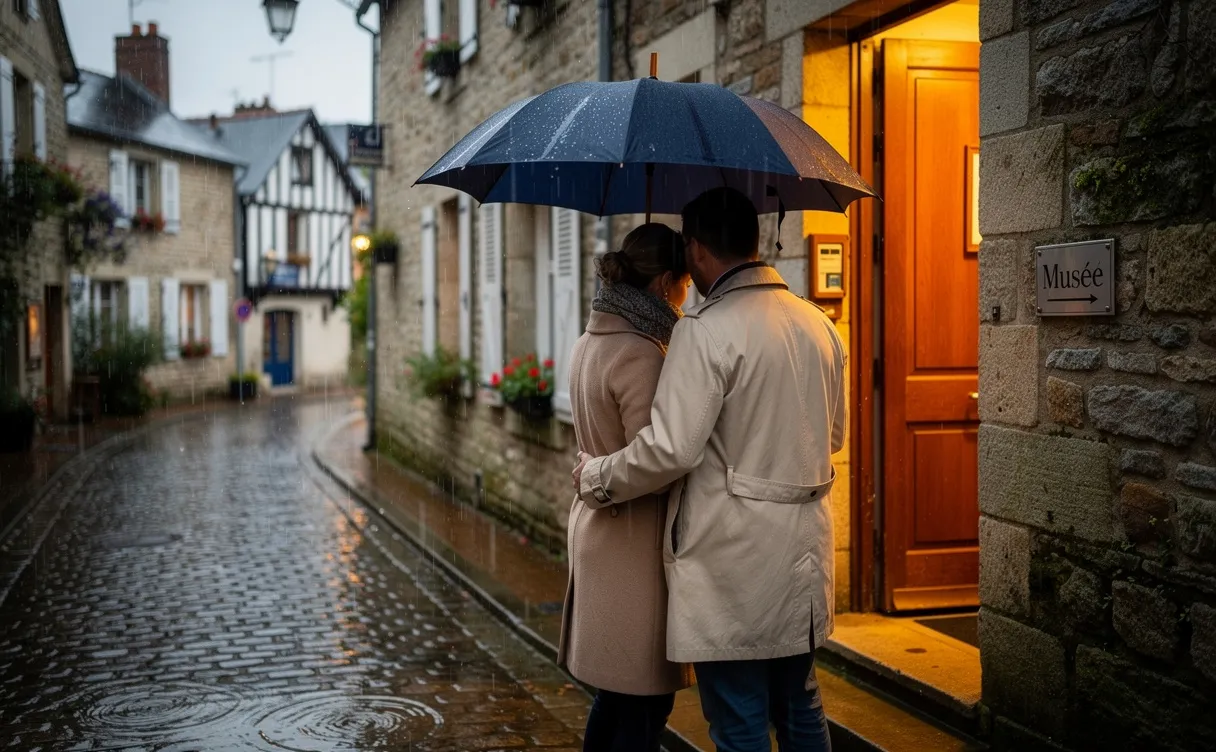 Un couple abrité sous un parapluie observe la pluie devant l’entrée d’un musée pittoresque à Courseulles-sur-Mer, avec des pavés luisants et une ambiance chaleureuse.