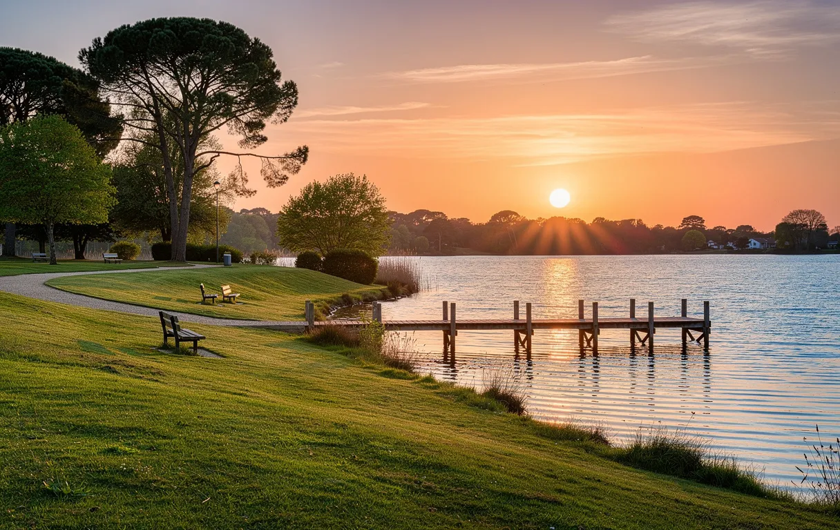 Un parc verdoyant au bord du lac de Soustons avec une jetée en bois s'avance sur l'eau bleue sous la lumière douce du coucher de soleil.