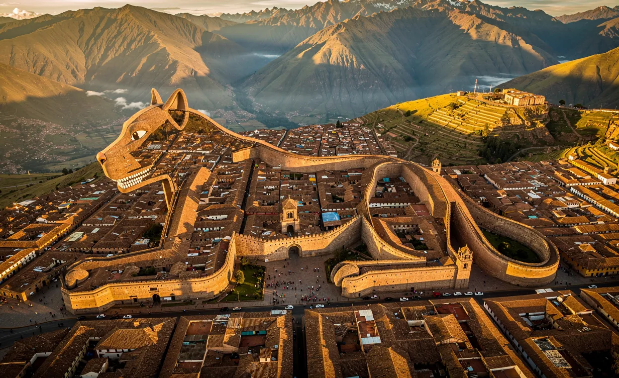 Vue aérienne photoréaliste de la ville de Cusco dont les rues et les bâtiments dessinent subtilement un puma allongé parmi les montagnes andines à la lumière dorée du crépuscule.