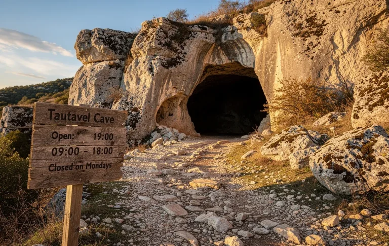 Entrée de la grotte de Tautavel creusée dans des falaises calcaires, avec un panneau en bois indiquant les horaires et une lumière dorée sur le sentier pierreux.