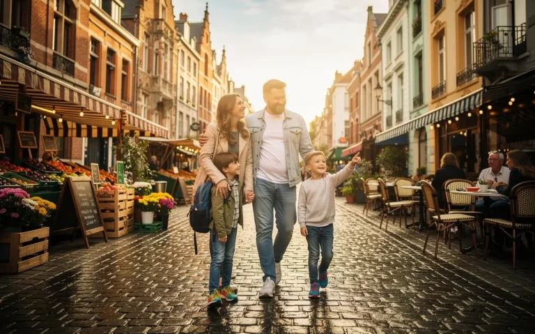 Une famille avec deux enfants marche dans une rue pavée de Lille, entourée de bâtiments anciens et de marchés colorés sous une lumière dorée.