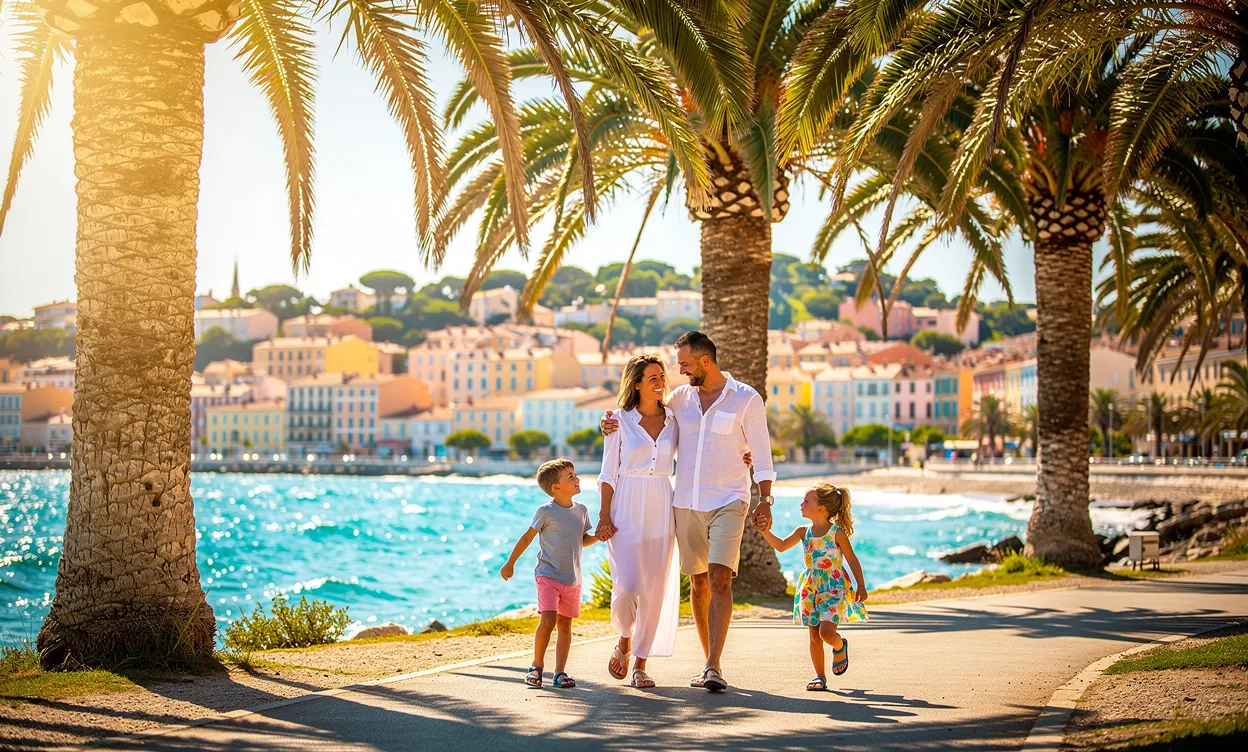 Une famille souriante avec deux enfants marche sur un sentier bordé de palmiers, avec la mer Méditerranée et les toits pastel de Hyères en arrière-plan.