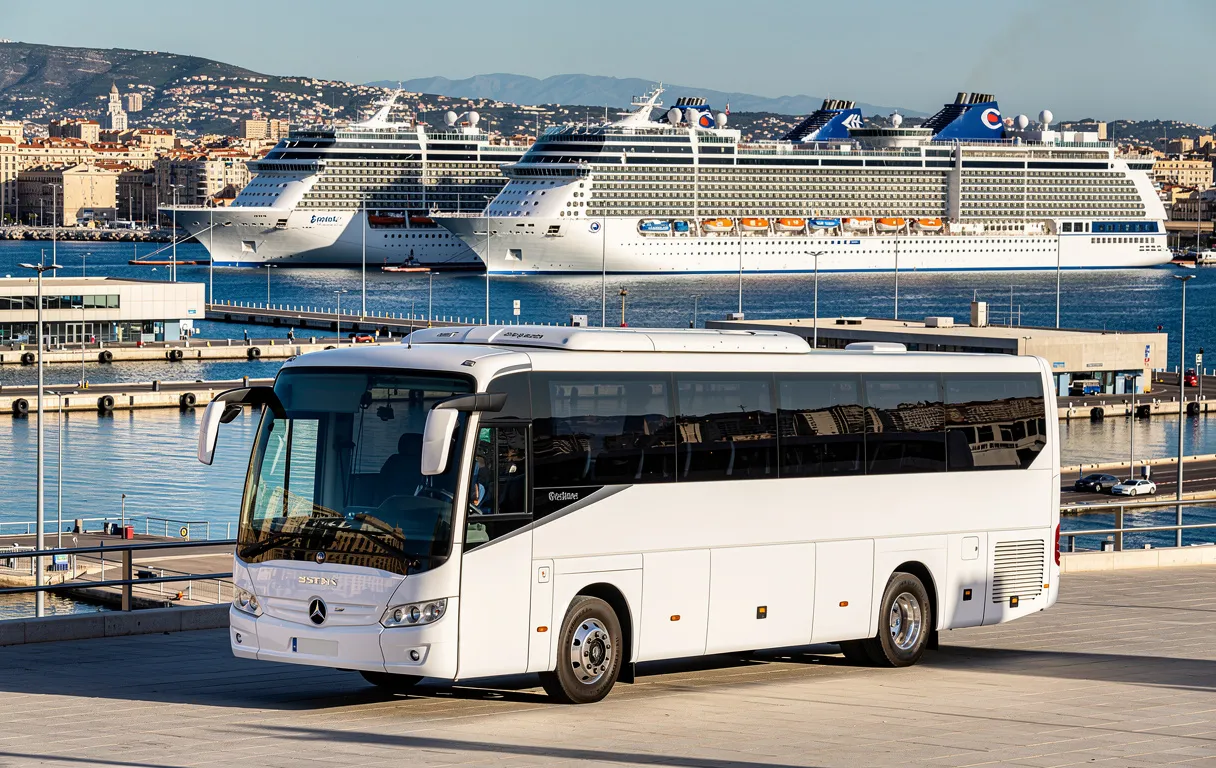 Un bus navette blanc est garé près du port de croisière de Marseille avec en arrière-plan des navires amarrés et le port méditerranéen sous la lumière du matin.