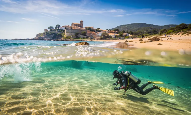 Un plongeur explore l'eau turquoise devant une plage dorée à L'Estartit, avec un village médiéval au loin parmi les collines verdoyantes sous un ciel méditerranéen.