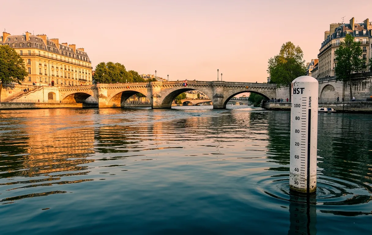 La Seine coule sous un pont en pierre à Paris, un repère de niveau d’eau partiellement immergé et les bâtiments historiques se reflètent dans l’eau au coucher du soleil.