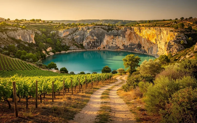 Un sentier serpente des vignobles ensoleillés de Narbonne vers les eaux turquoise du Gouffre de l’Œil Doux, encadré de falaises rocheuses et de verdure sous la lumière dorée de fin d’après-midi.