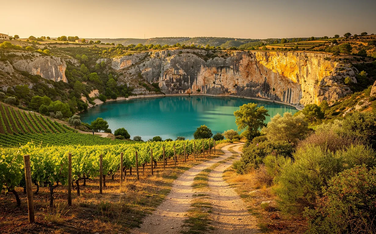 Un sentier serpente des vignobles ensoleillés de Narbonne vers les eaux turquoise du Gouffre de l’Œil Doux, encadré de falaises rocheuses et de verdure sous la lumière dorée de fin d’après-midi.