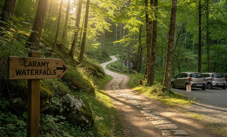 Un sentier en forêt baigné de lumière mène aux cascades du Caramy, avec une pancarte en bois et un petit parking près de l’entrée.