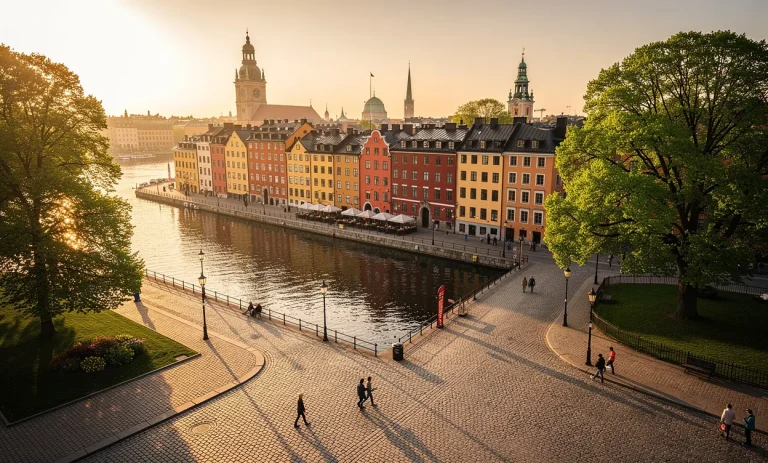 Vue panoramique de bâtiments colorés en bord de l’eau à Stockholm, entourés de rues pavées, de parcs verdoyants et de canaux illuminés par la lumière du soir.