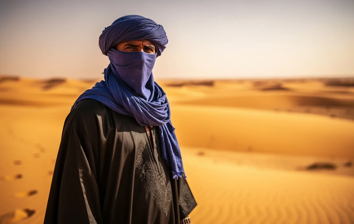 Un homme touareg en habits traditionnels noirs et turban indigo se tient seul dans un désert ensoleillé aux vagues de chaleur visibles.
