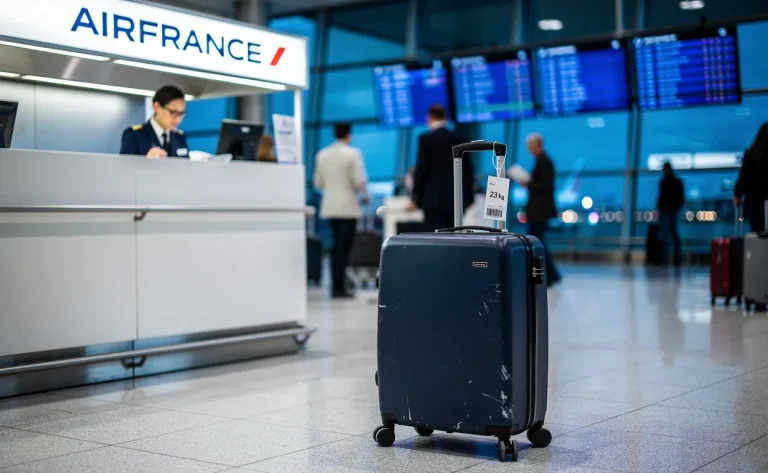 Une valise de 23 kg avec une étiquette de prix est posée près d'un comptoir Air France dans un aéroport animé, sous une lumière bleutée.