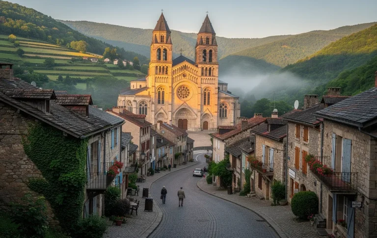 Le village médiéval de Conques apparaît dans une vallée verdoyante avec son abbaye illuminée par la lumière dorée, entouré de ruelles pavées et de maisons en pierre.