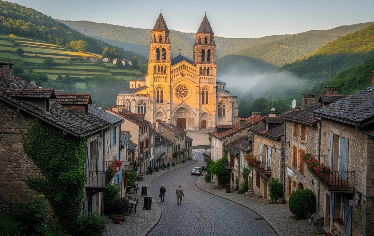 Le village médiéval de Conques apparaît dans une vallée verdoyante avec son abbaye illuminée par la lumière dorée, entouré de ruelles pavées et de maisons en pierre.