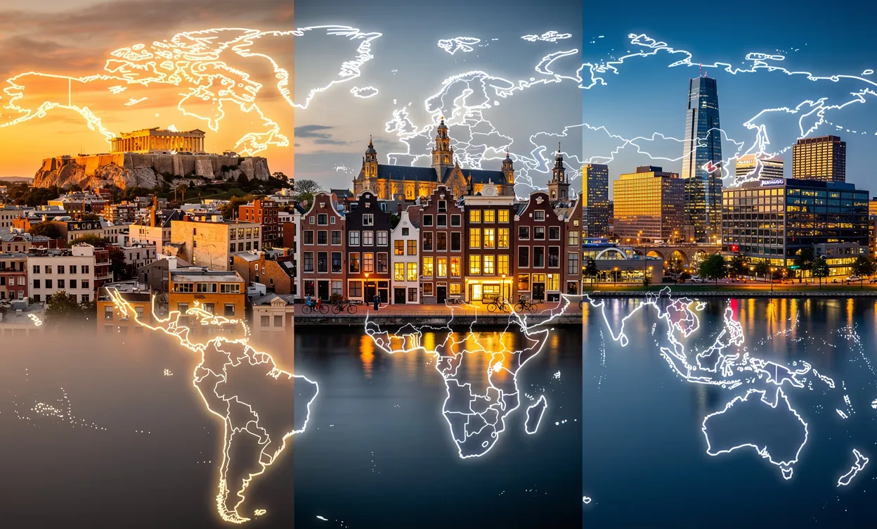 Vue panoramique photoréaliste de plusieurs skylines de villes célèbres commençant par A, telles qu'Athènes, Amsterdam et Austin, fusionnées sur une carte illuminée au coucher du soleil.