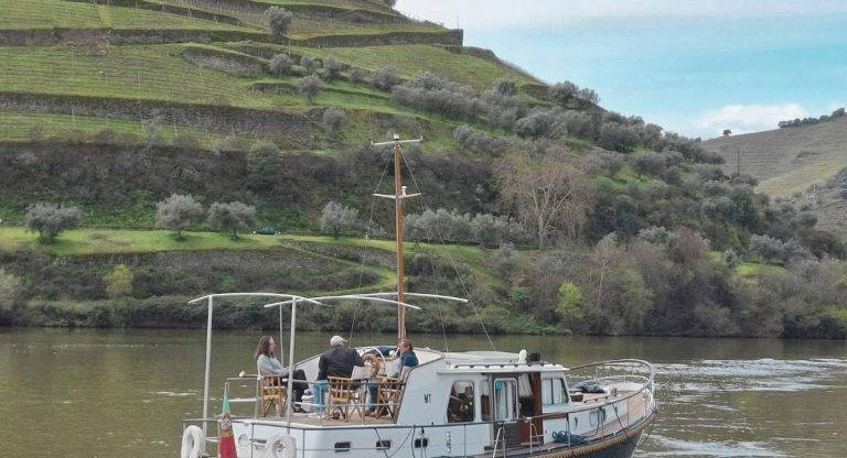 Petit bateau de croisière naviguant sur une rivière bordée de coteaux et de vignes