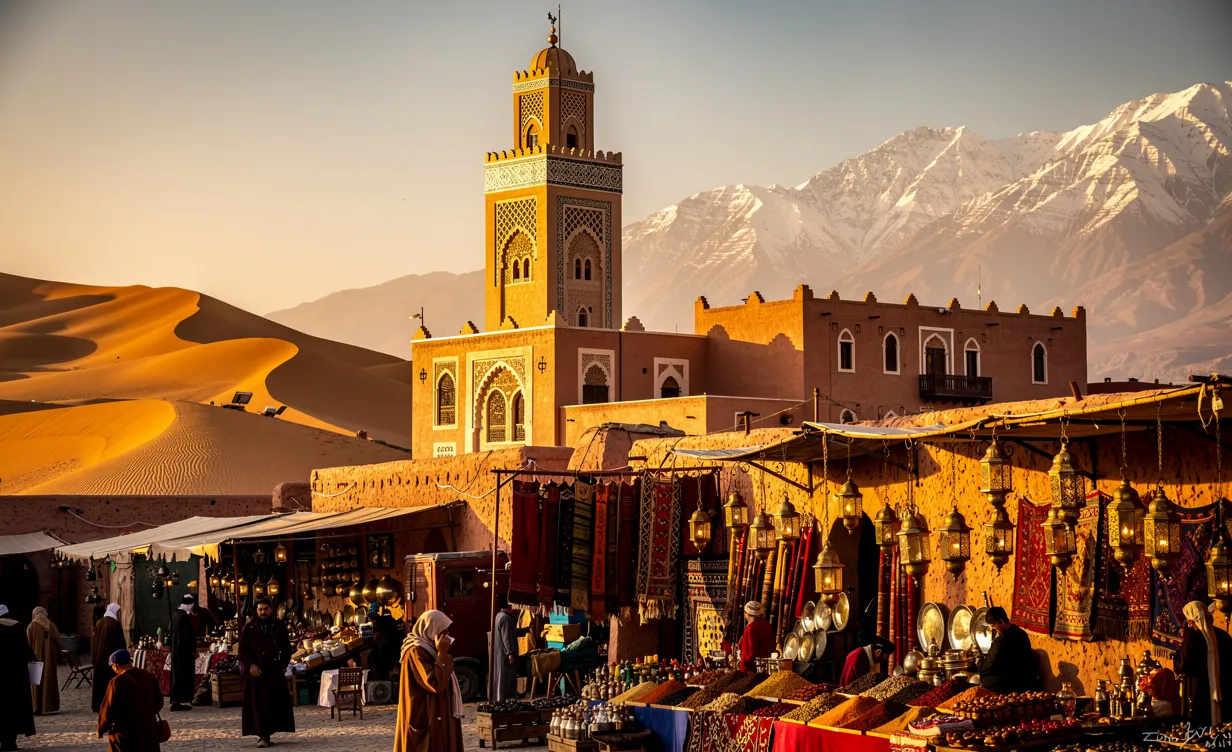 Paysage marocain avec marché animé, bâtiments emblématiques, dunes du désert et montagnes de l'Atlas sous une lumière dorée.