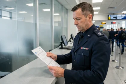 Agent des douanes examinant une déclaration en douane à un comptoir d'aéroport international