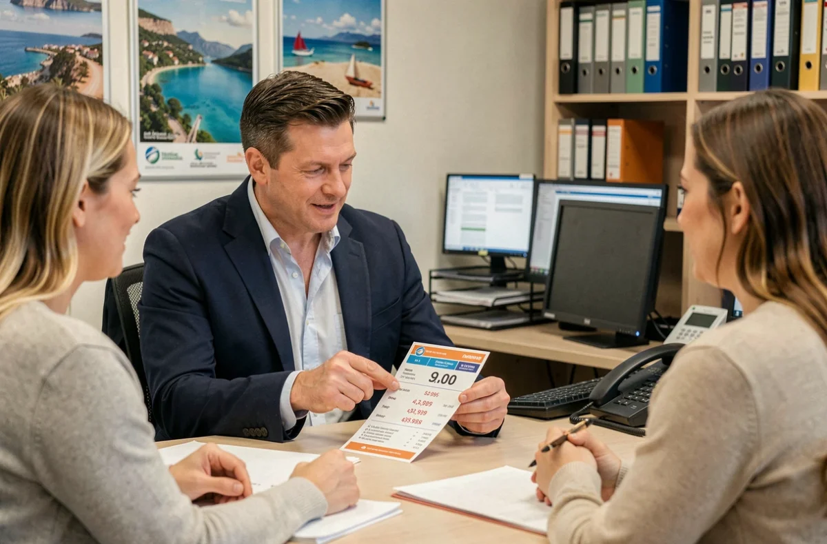 Agent de voyage expliquant le supplément chambre individuelle à des clients dans une agence