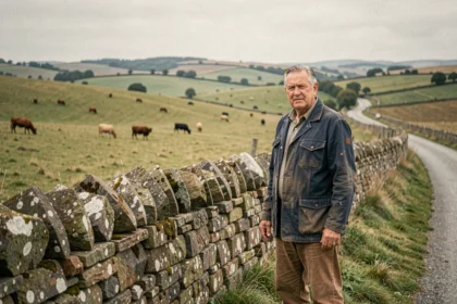 Agriculteur âgé devant un mur en pierre sèche dans le bocage creusois, paysage rural profond de France