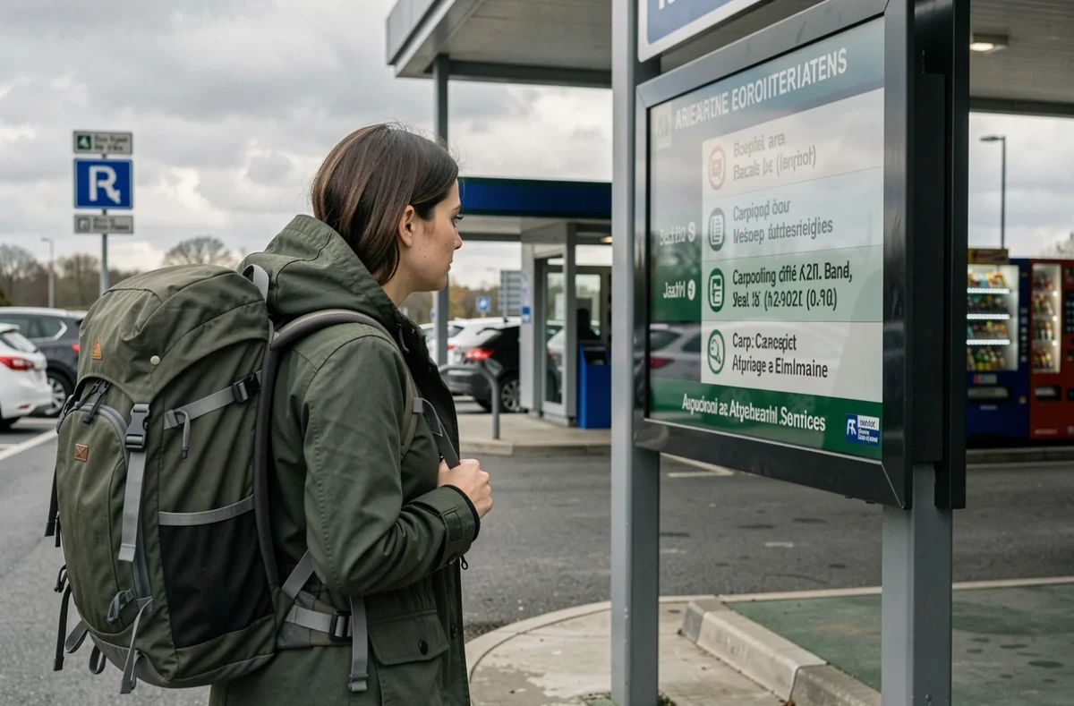 Voyageuse avec sac à dos consultant les alternatives au covoiturage dans une aire d'autoroute