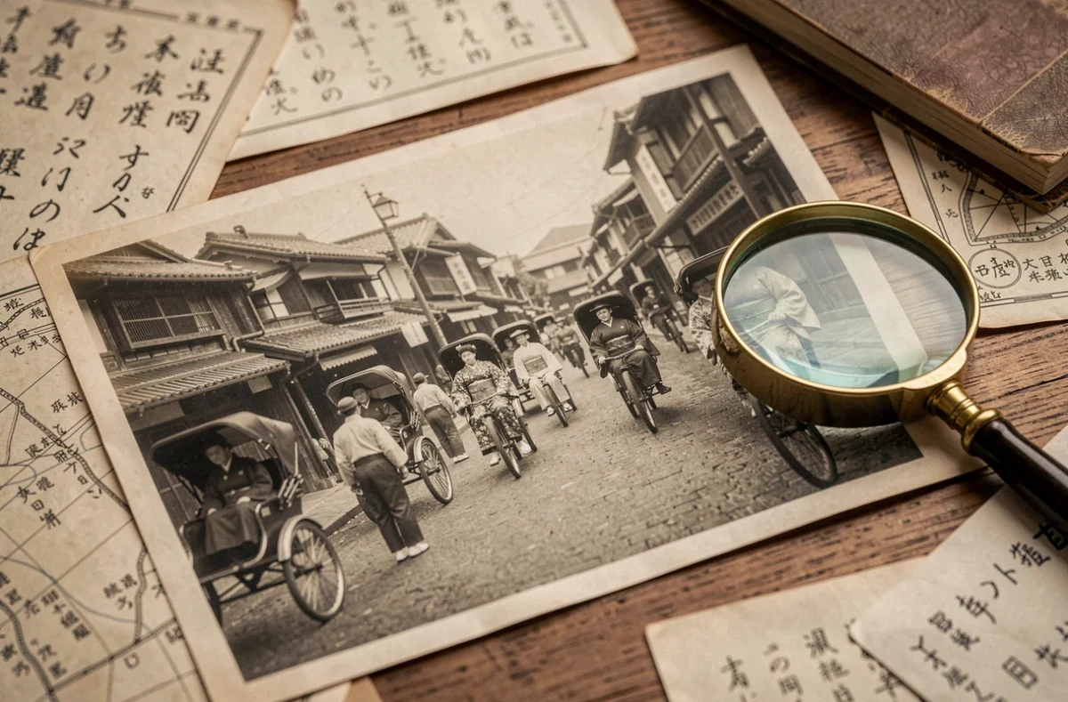 Photographie d'archive historique du XIXe siècle représentant des pousse-pousse et leurs passagers dans les rues de Yokohama au Japon posée sur une table en bois entourée de cartes et documents anciens