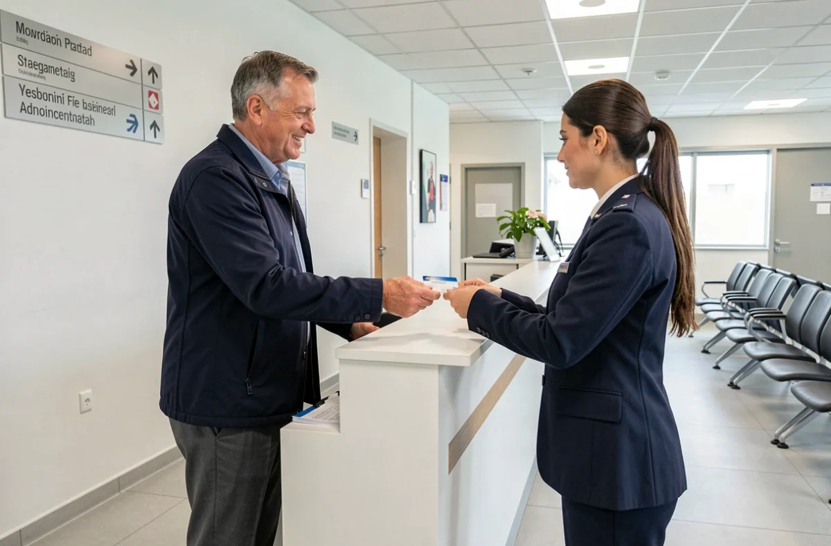 Expatrié présentant sa carte d'assurance maladie internationale à l'accueil d'un hôpital étranger