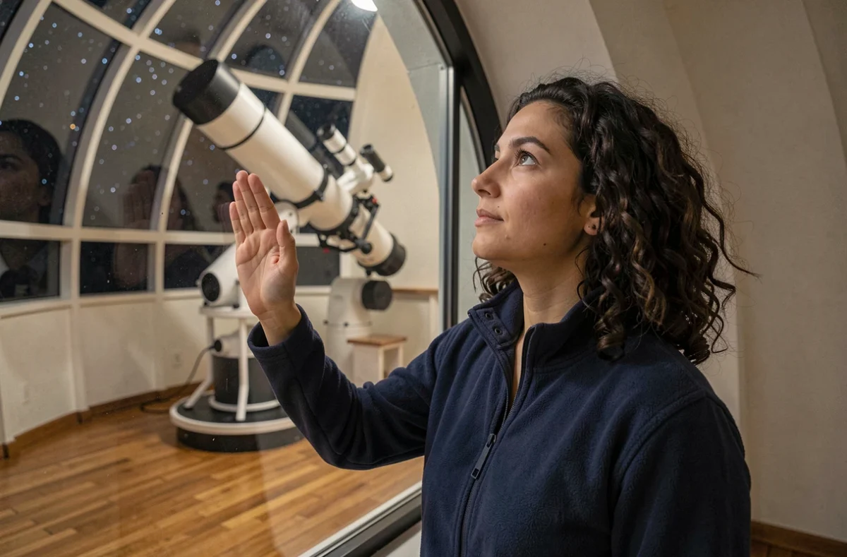 Astronome femme observant le ciel étoilé depuis un observatoire dans le cadre de la recherche de planètes habitables