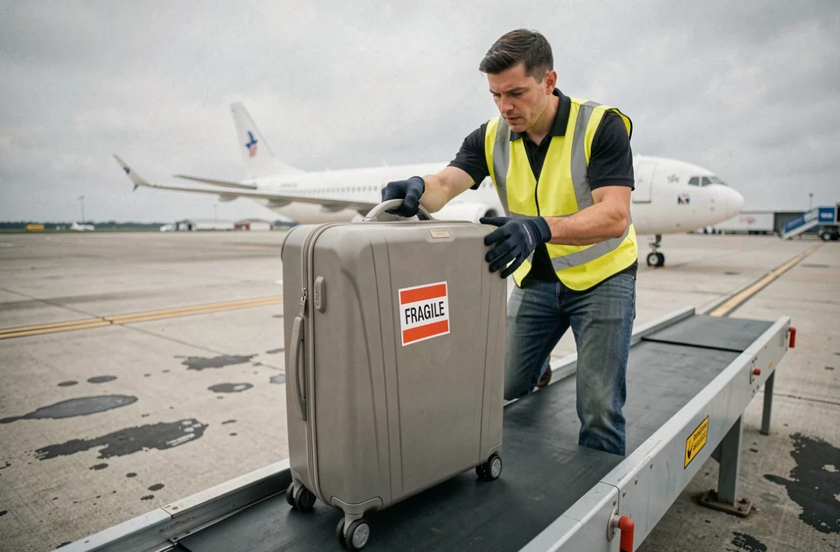 Bagagiste aéroport chargeant une valise avec autocollant fragile sur tapis roulant