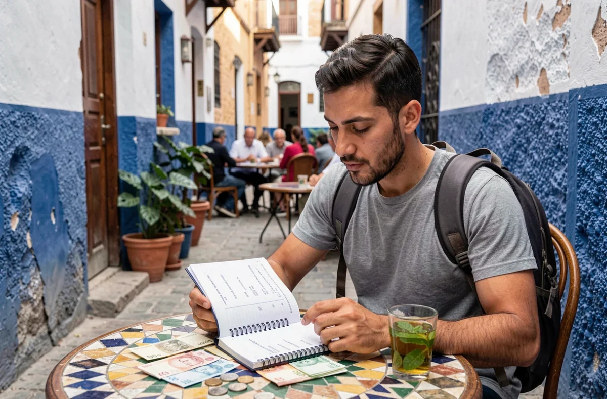 Voyageur calculant son budget de voyage au Maroc devant un carnet et des dirhams sur une terrasse de café en médina
