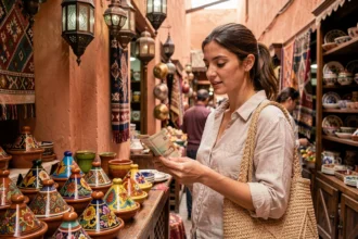 Voyageuse tenant des dirhams marocains dans un souk traditionnel de Marrakech rempli de céramiques colorées