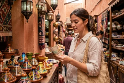 Voyageuse tenant des dirhams marocains dans un souk traditionnel de Marrakech rempli de céramiques colorées