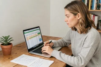 Femme calculant le prix par nuit par personne pour une location sur un ordinateur portable