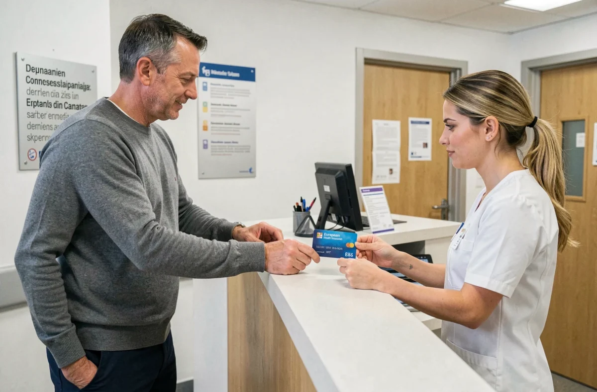 Voyageur présentant sa carte européenne d'assurance maladie à la réception d'un hôpital européen
