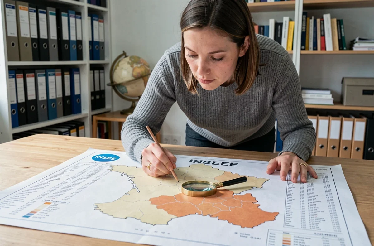 Femme analysant une carte démographique de France montrant la Lozère comme le département le moins peuplé avec les statistiques INSEE
