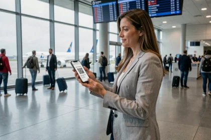 Femme tenant un smartphone avec une carte d'embarquement numérique dans un terminal d'aéroport moderne